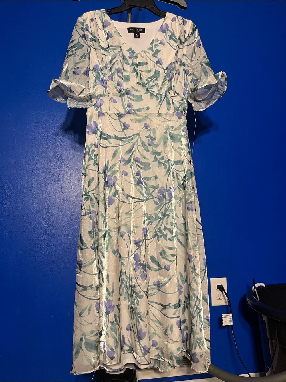 Perceptions White Floral V-Neck Midi Dress in Teal & Lavender